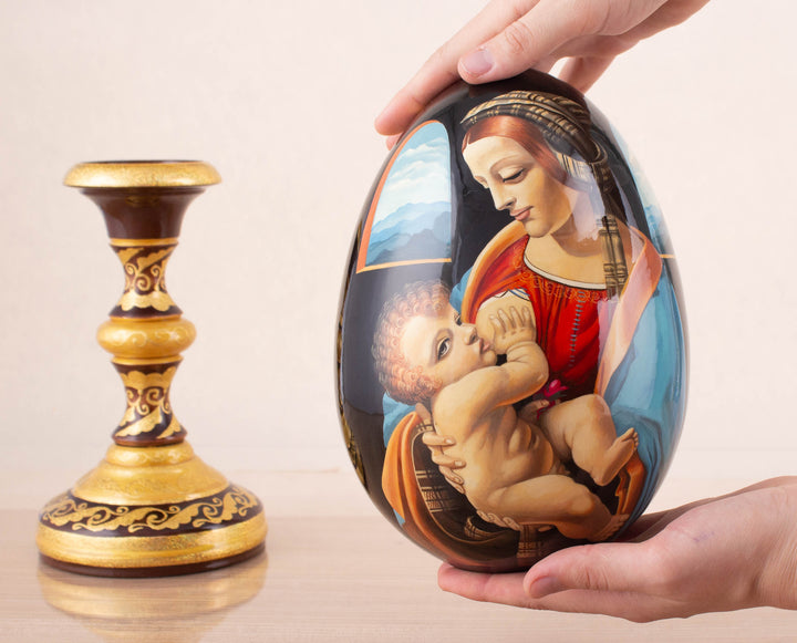 Madonna Litta (1490) by Leonardo Da Vinci Wooden egg with stand 8.7"