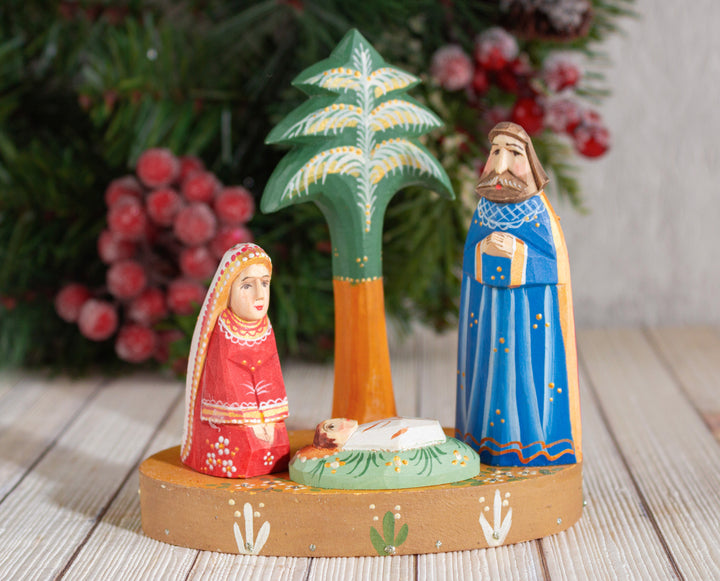 Wooden nativity set blue and gold Baby Jesus