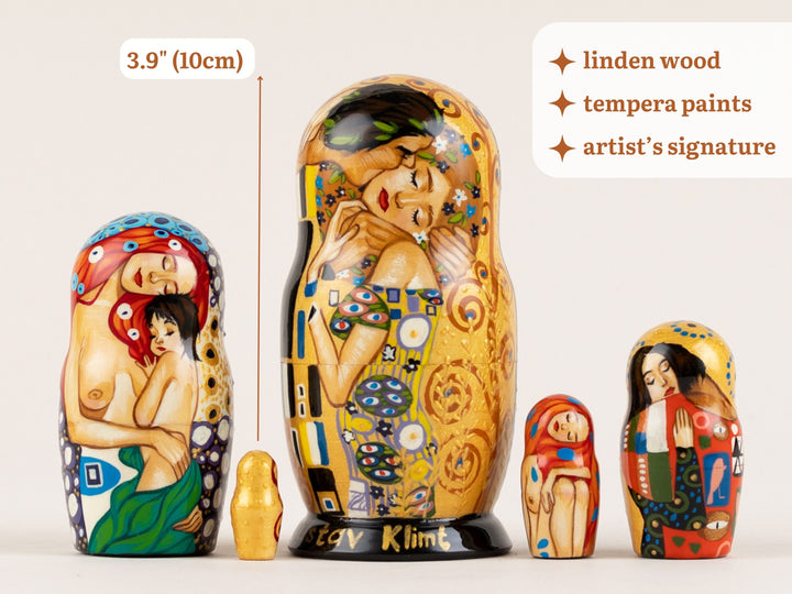 Wooden nesting dolls, Golden design, Gustav Klimt "The kiss"