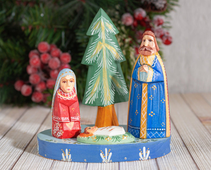 Wooden nativity set blue and gold Baby Jesus