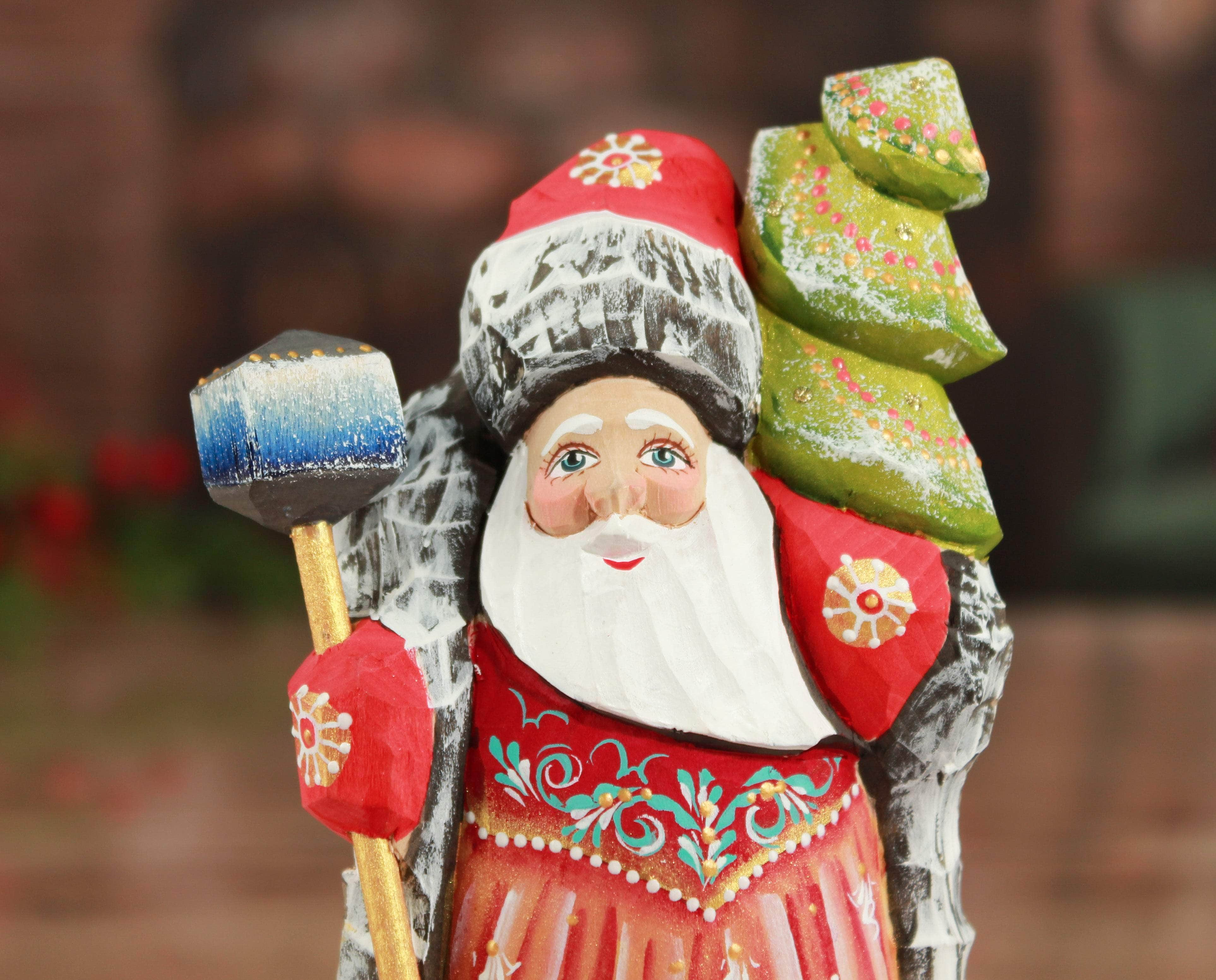 Carved Santa with stick red white and gold | Firebirdworkshop