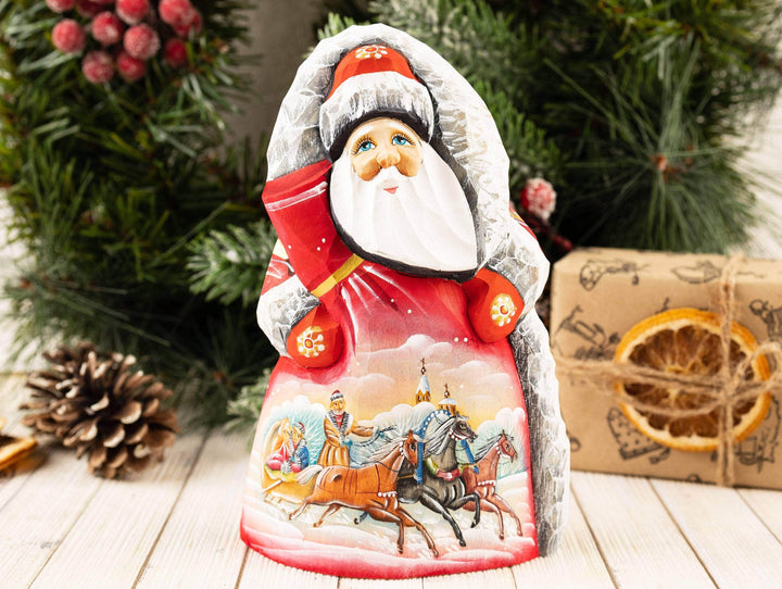 Hand Carved Wooden Santa Claus with troika