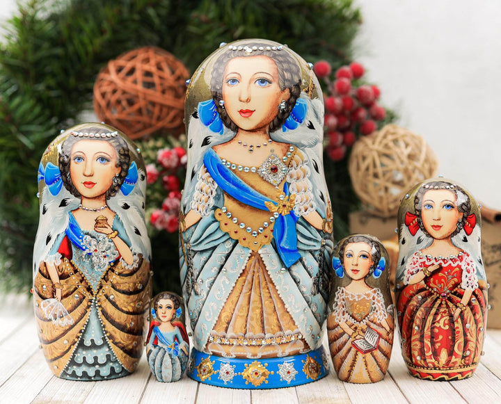 Matryoshka doll blue, gold and red "Russian Empress"