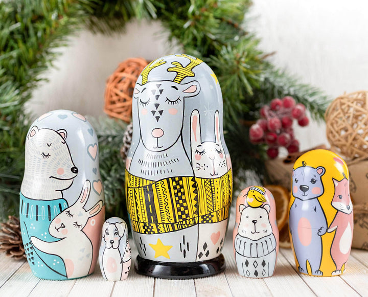 Nesting dolls blue and white cute animals