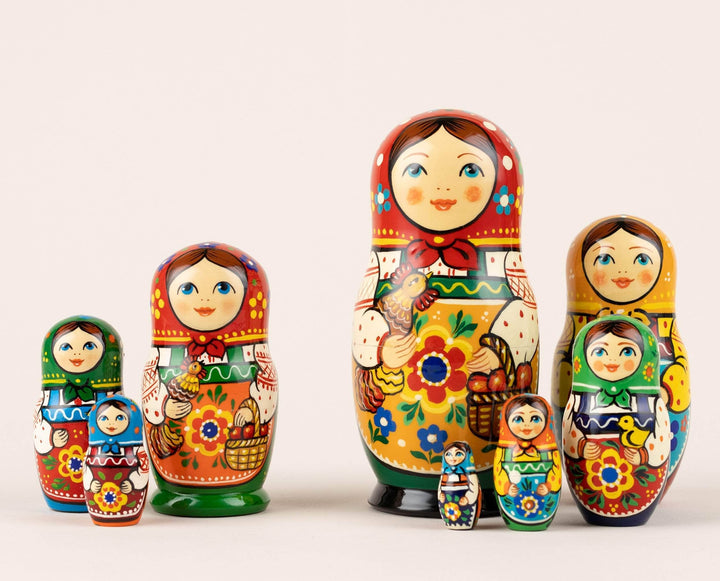 Nesting dolls yellow and red First Russian matryoshka
