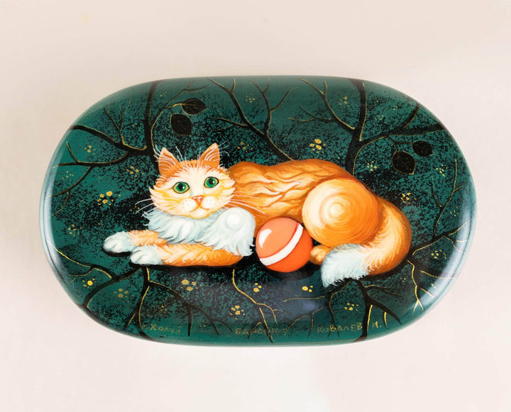 Russian Lacquer Box Cats Painted jewelry box