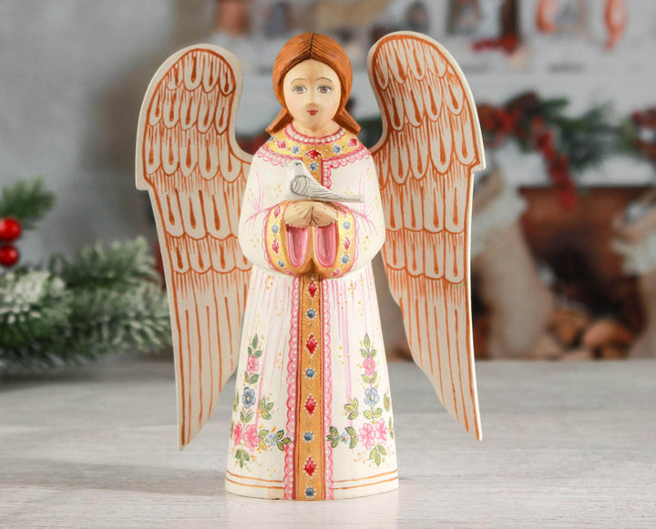 Wood angel with dove white and red