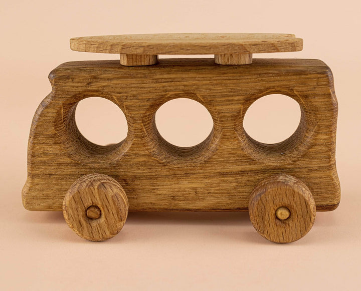 Wooden bus toy with a surfboard, kids pull toys